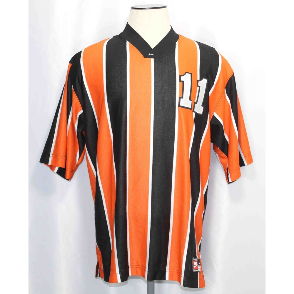 Vintage 90s Nike Orange Black Striped Swoosh Team Soccer Jersey Adult Size Large